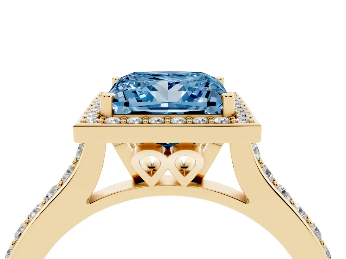 Fancy Blue Princess Cut Diamond Halo Engagement Ring with Round Pavé Shoulders and Prong Setting Yellow gold