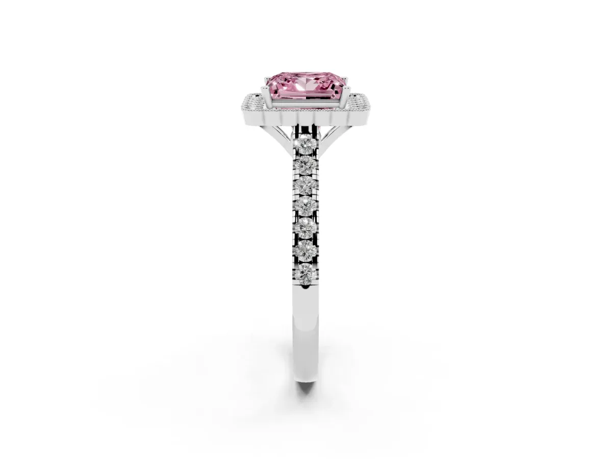 Fancy Pink Princess Cut Cut Diamond Milgrain Floral Halo Engagement Ring with Pavé Band Silver