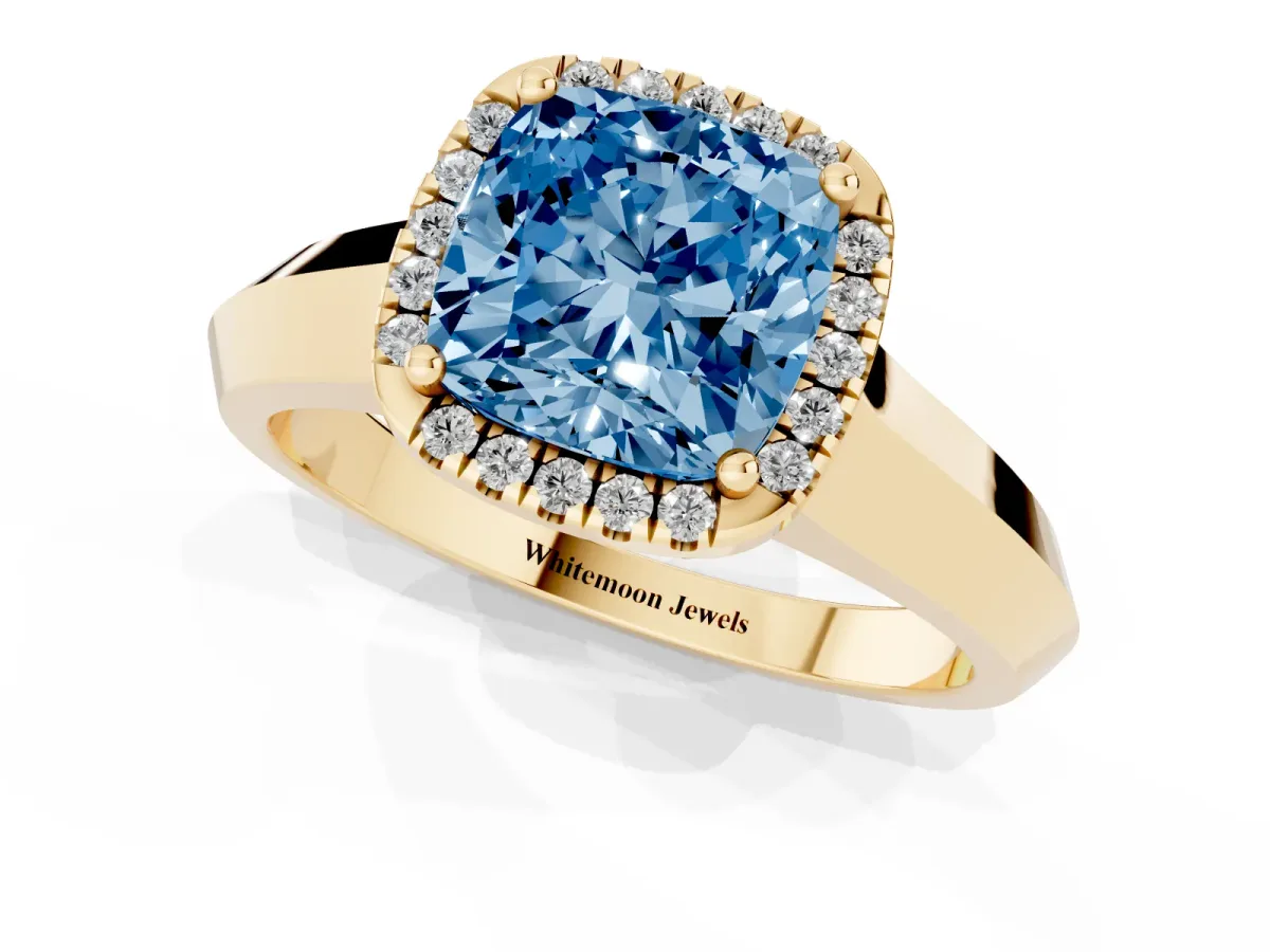 Fancy Blue Cushion Cut Halo Diamond Ring with Cathedral Band and Four-Prong Setting Yellow gold