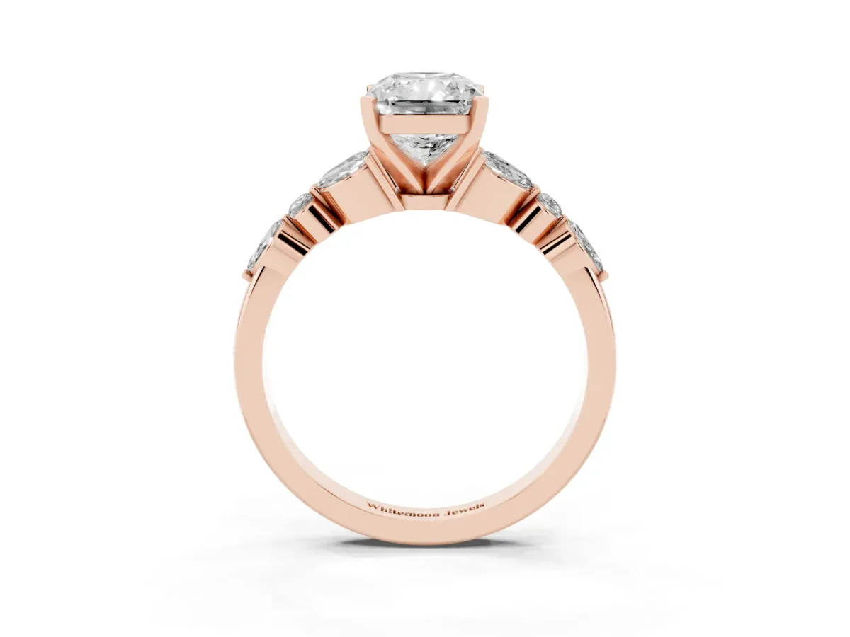 Radiant Cut Diamond Solitaire Ring with Side Stones and Four-Prong Setting Rose gold