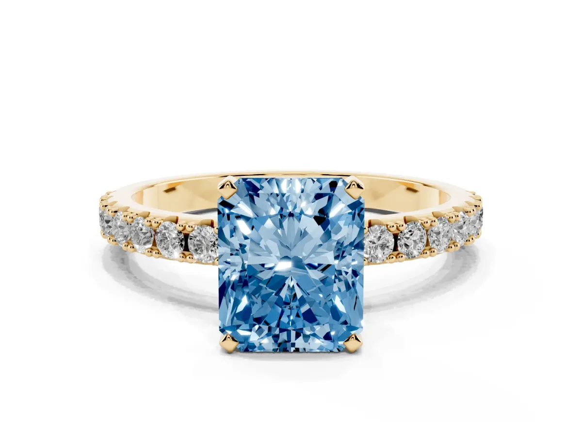 Fancy Blue Radiant Cut Diamond Solitaire Pavé Band with Four-Prong Setting Yellow gold