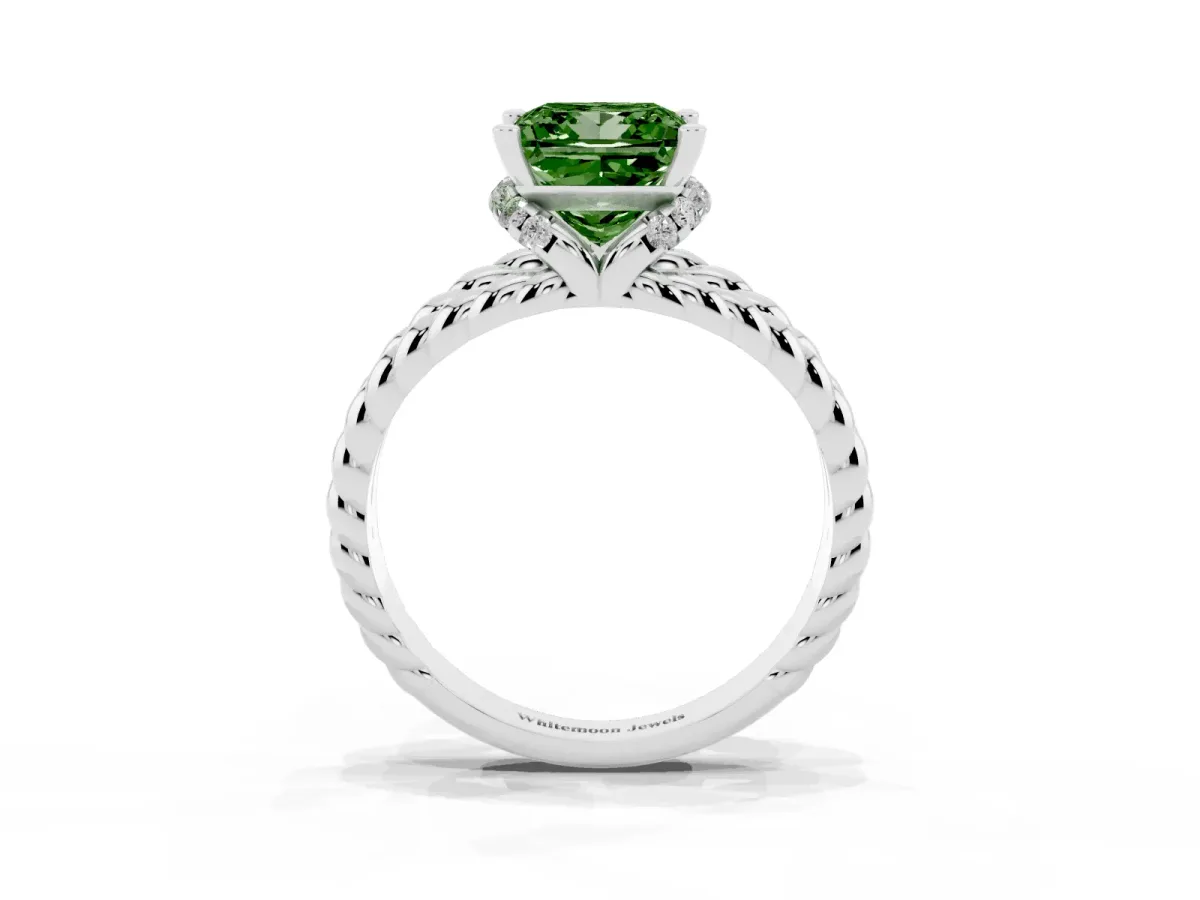 Fancy Green Princess Cut Halo Twisted Band Four-Prong Ring White gold