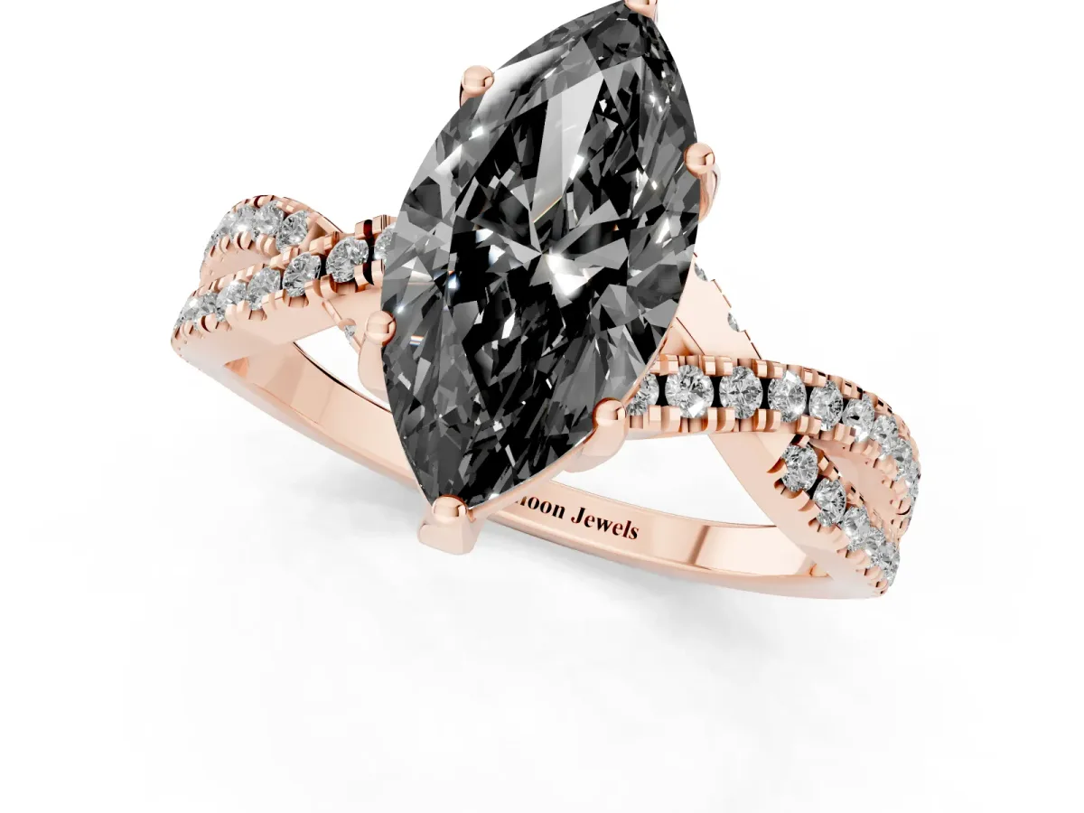 Fancy Black Marquise Cut Solitaire Twist Pave Diamond Engagement Ring with Prong Setting Rose gold
