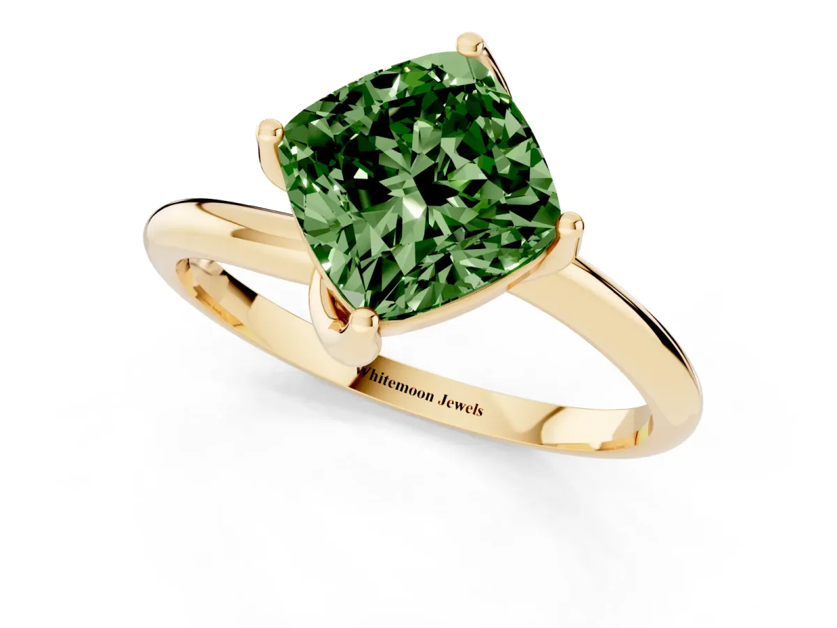 Fancy Green Cushion Cut Diamond Solitaire Engagement Ring with Four-Prong Setting and Classic Band Yellow gold