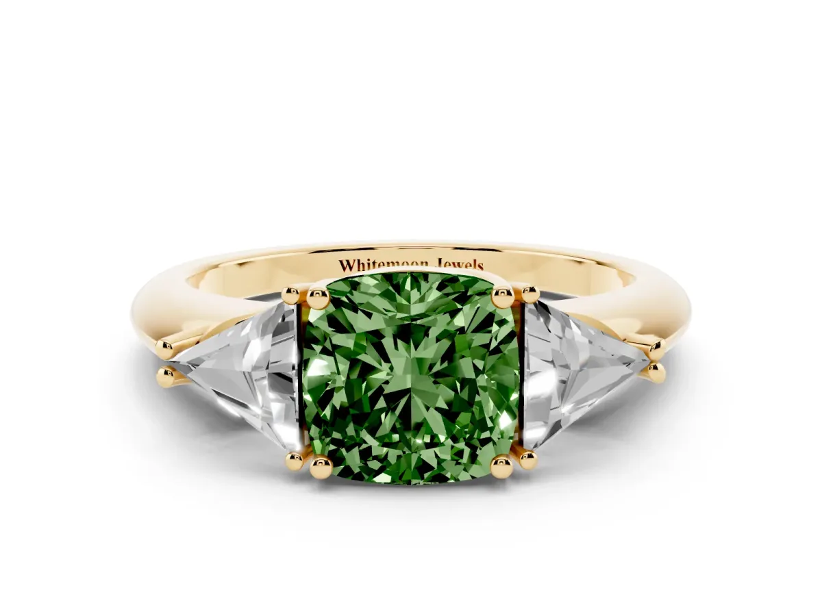 Fancy Green Three-Stone Cushion Cut Diamond Engagement Ring with Trillion Side Stones and Prong Setting Yellow gold