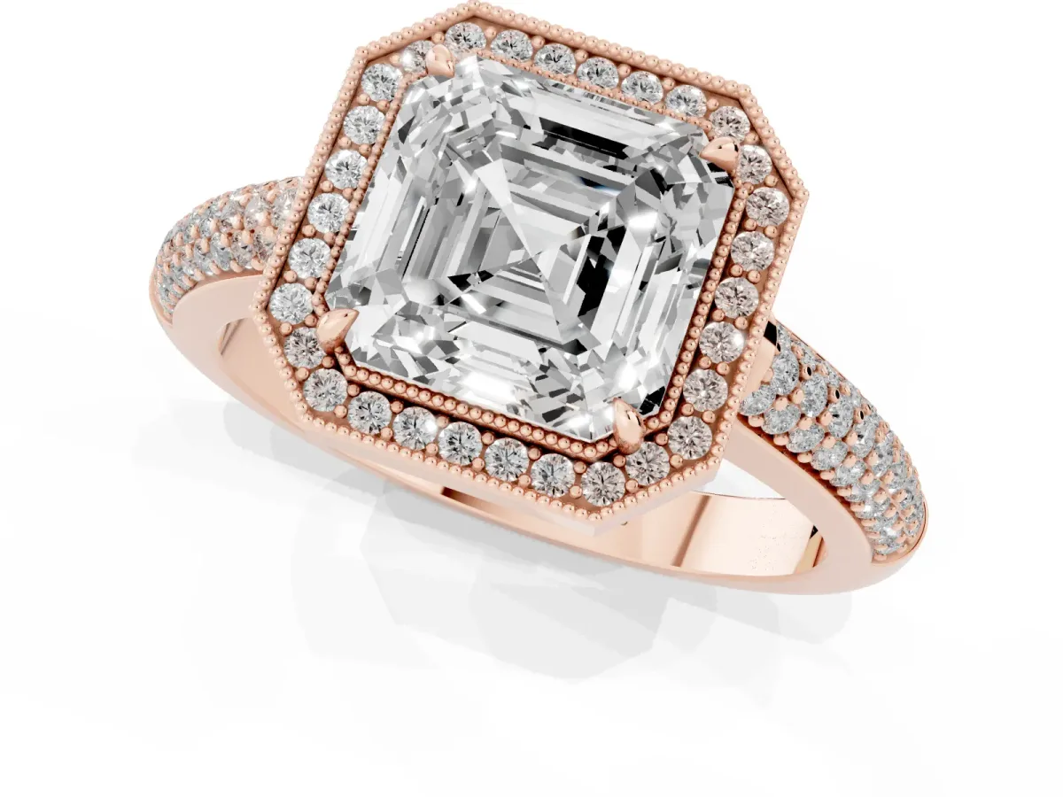 Asscher Cut Cut Halo Diamond Pave Band with Four-Prong Setting Rose gold