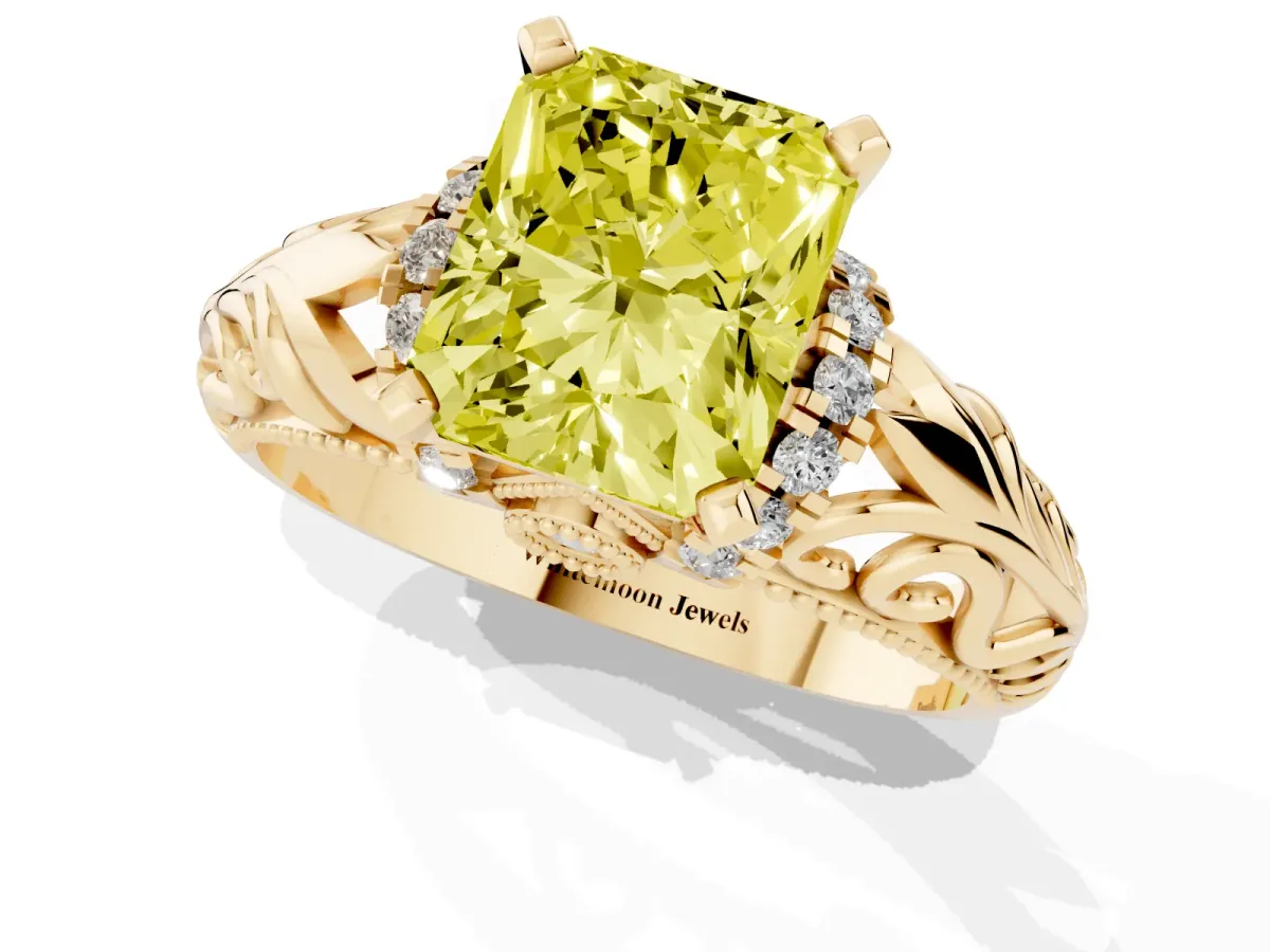 Fancy Yellow Radiant Cut Solitaire Filigree Engagement Ring with Halo and Prong Setting Yellow gold