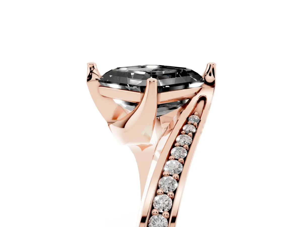 Fancy Black Asscher Cut Solitaire Diamond Twist Band with Pavé Setting and Four-Prong Setting Rose gold