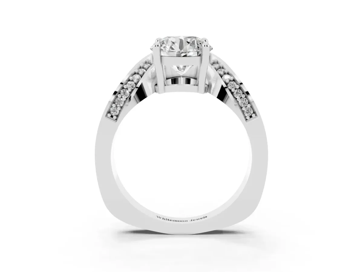 Round Cut Solitaire Diamond Engagement Ring with Pave Band and Four-Prong Setting Silver