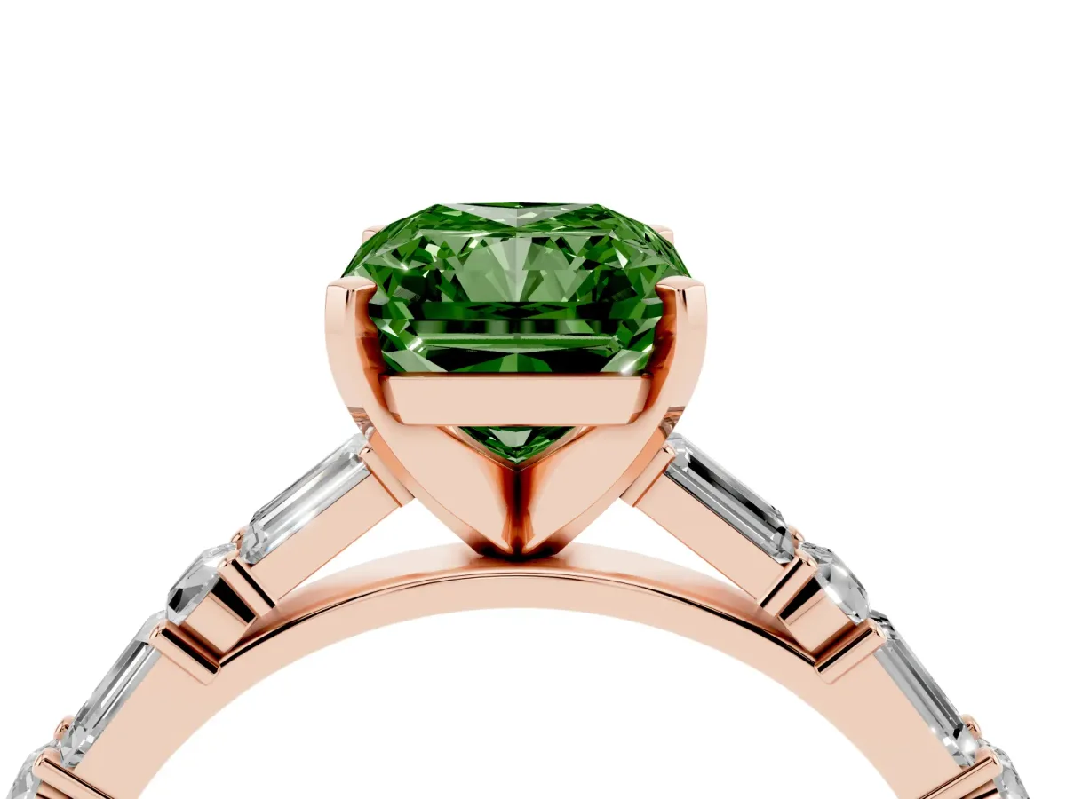 Fancy Green Radiant Cut Diamond Solitaire with Side Baguettes and Channel Set Band Rose gold