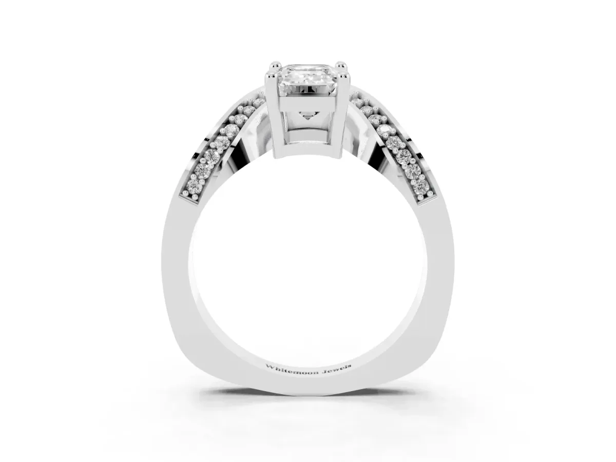 Emerald Cut Solitaire Diamond Engagement Ring with Pave Band and Four-Prong Setting Silver