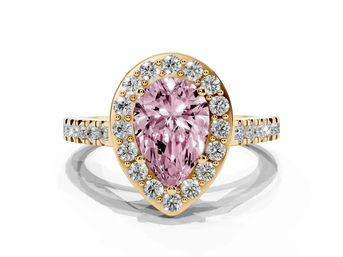 Fancy Pink Pear Cut Diamond Halo Ring with Round Pavé Split Shank and Prong Setting Yellow gold