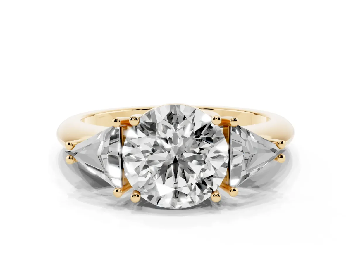 Three-Stone Round Cut Diamond Engagement Ring with Trillion Side Stones and Prong Setting Yellow gold
