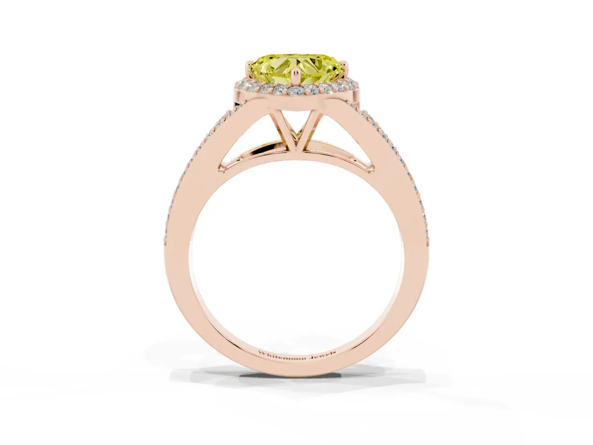 Fancy Yellow Heart Cut Halo Split Shank Diamond Ring with Prong Setting Rose gold