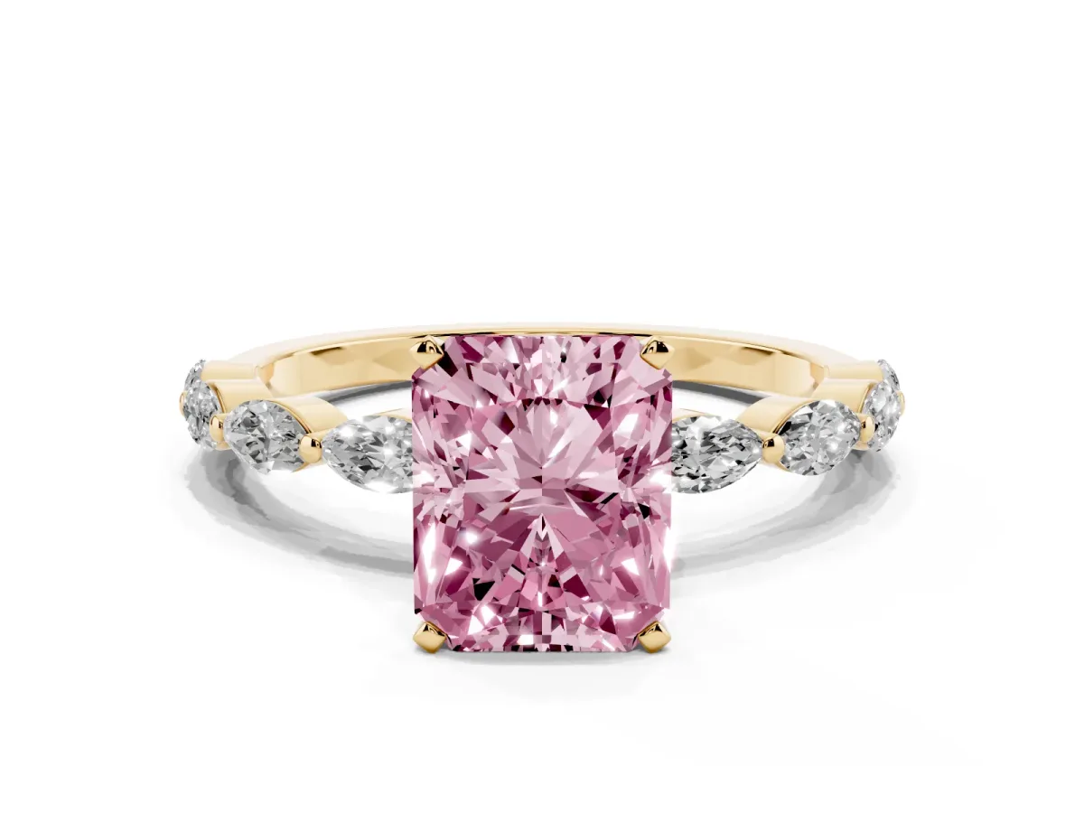 Fancy Pink Radiant Cut Diamond Ring with Marquise Side Stones and Prong Setting Yellow gold