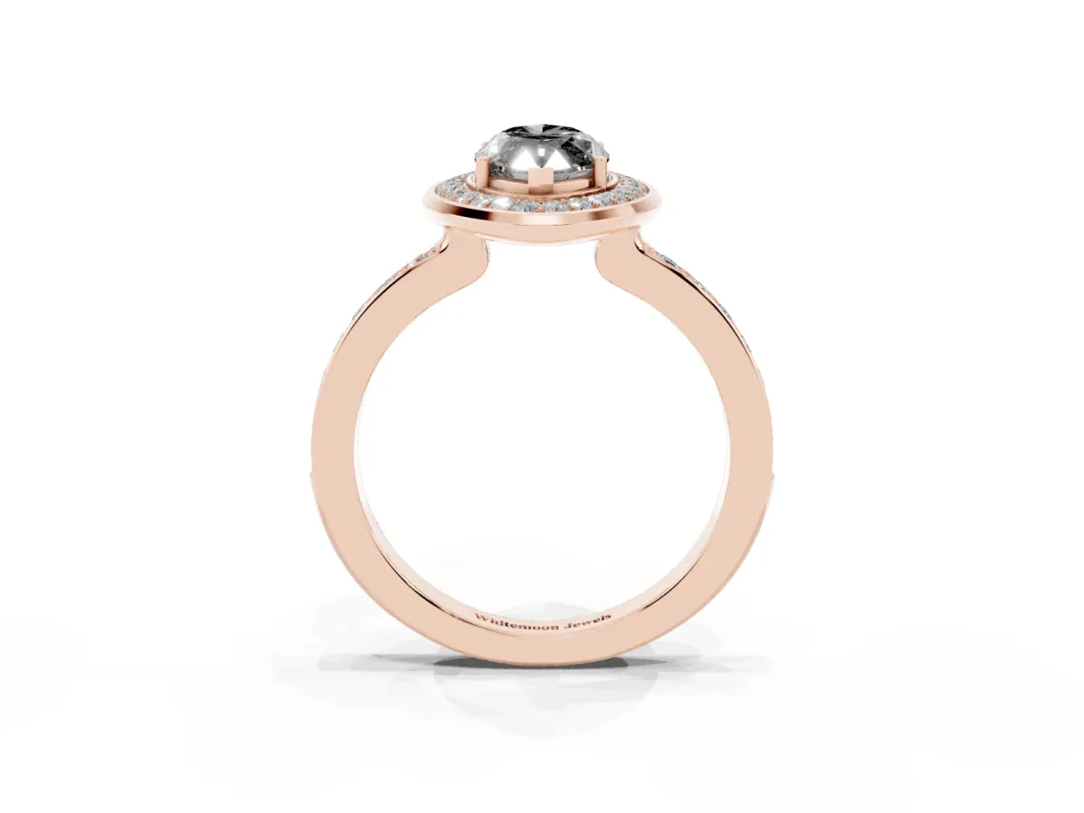 Fancy Black Marquise Cut Diamond Halo Ring with Bezel Frame and Pavé Band Rose gold