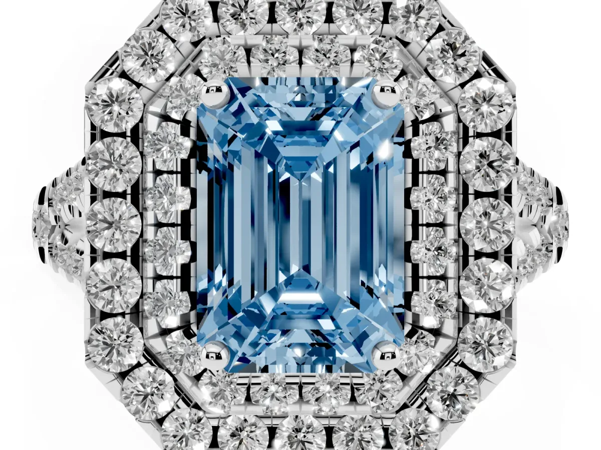 Fancy Blue Double Halo Emerald Cut Diamond Pavé Split Shank Ring with Prong Setting Platinum