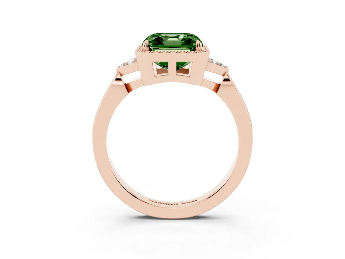 Fancy Green Milgrain Asscher Cut Cut Diamond Ring with Tapered Pave Band and Four Prong Setting Rose gold
