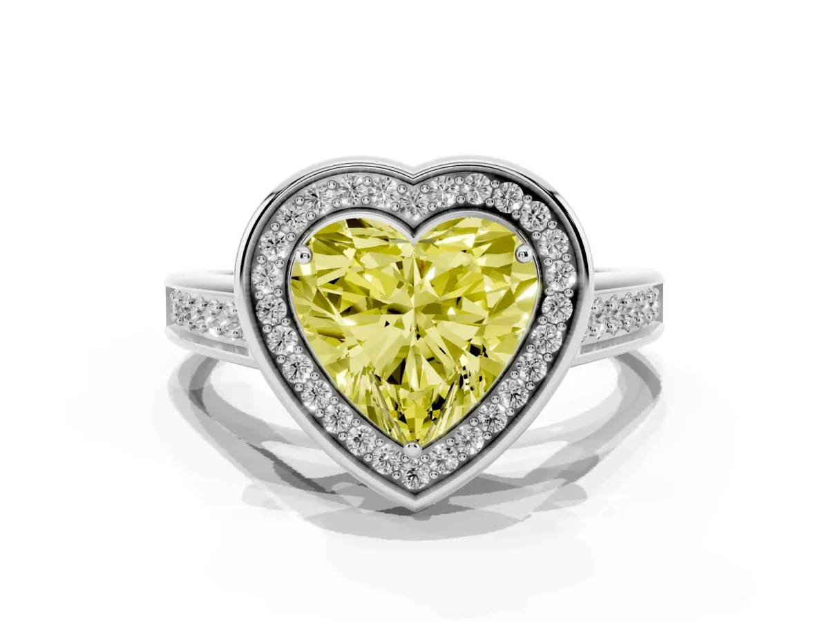 Fancy Yellow Heart Cut Halo Solitaire Diamond Ring with Pave Band and Bezel Setting Silver
