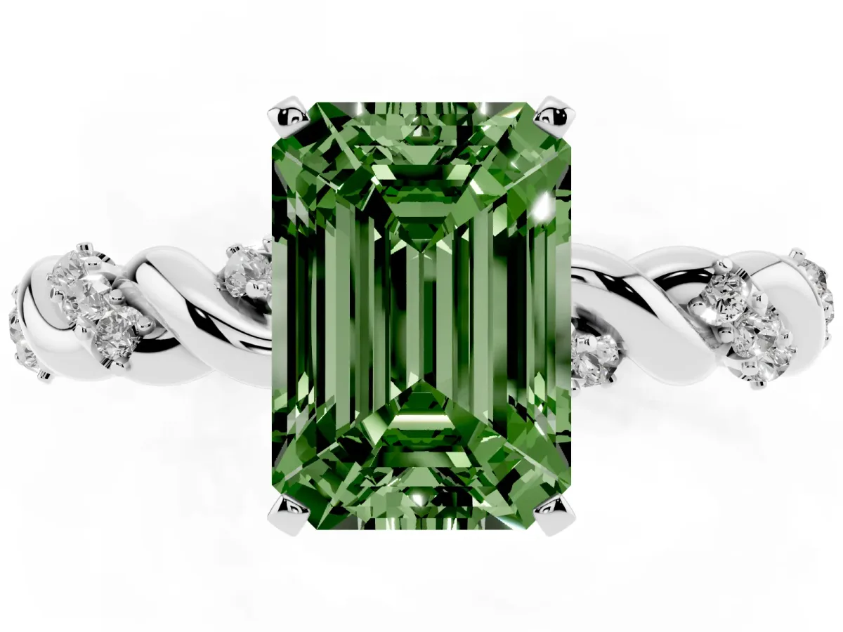 Fancy Green Emerald Cut Diamond Solitaire Ring with Twisted Band and Pavé Accents Silver