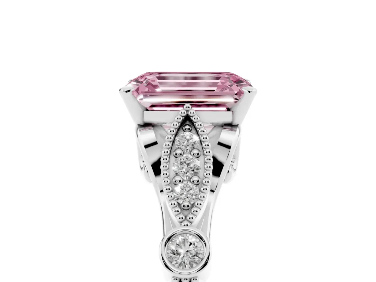 Fancy Pink Emerald Cut Cut Diamond with Milgrain Marquise and Bezel Accents on a Solitaire Band with Prong Setting Silver