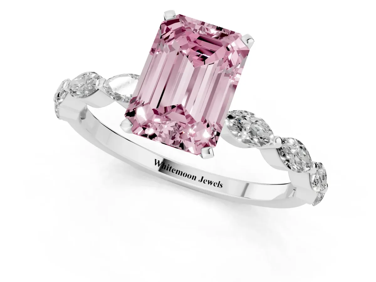Fancy Pink Emerald Cut Diamond Ring with Marquise Side Stones and Prong Setting White gold