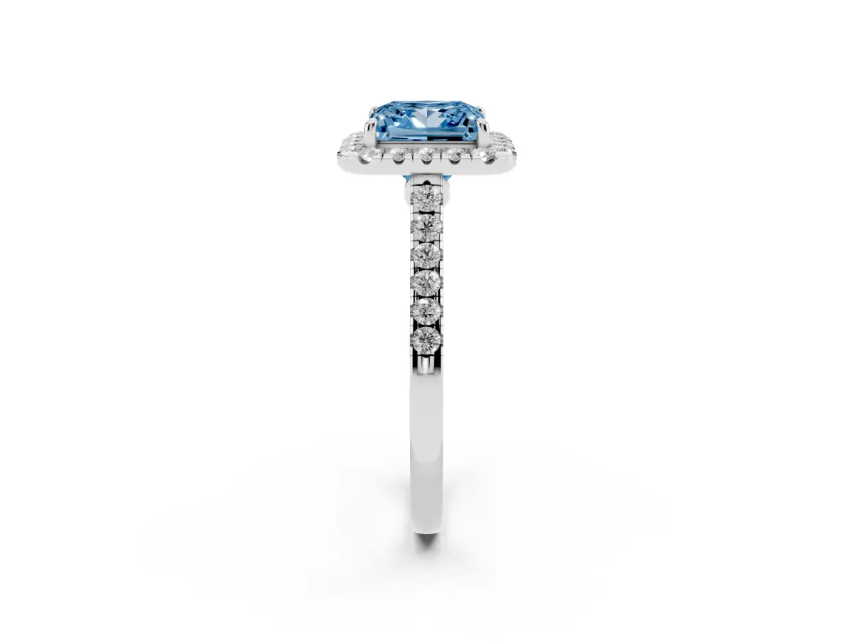 Fancy Blue Princess Cut Halo Pave Diamond Engagement Ring with Four-Prong Setting Platinum