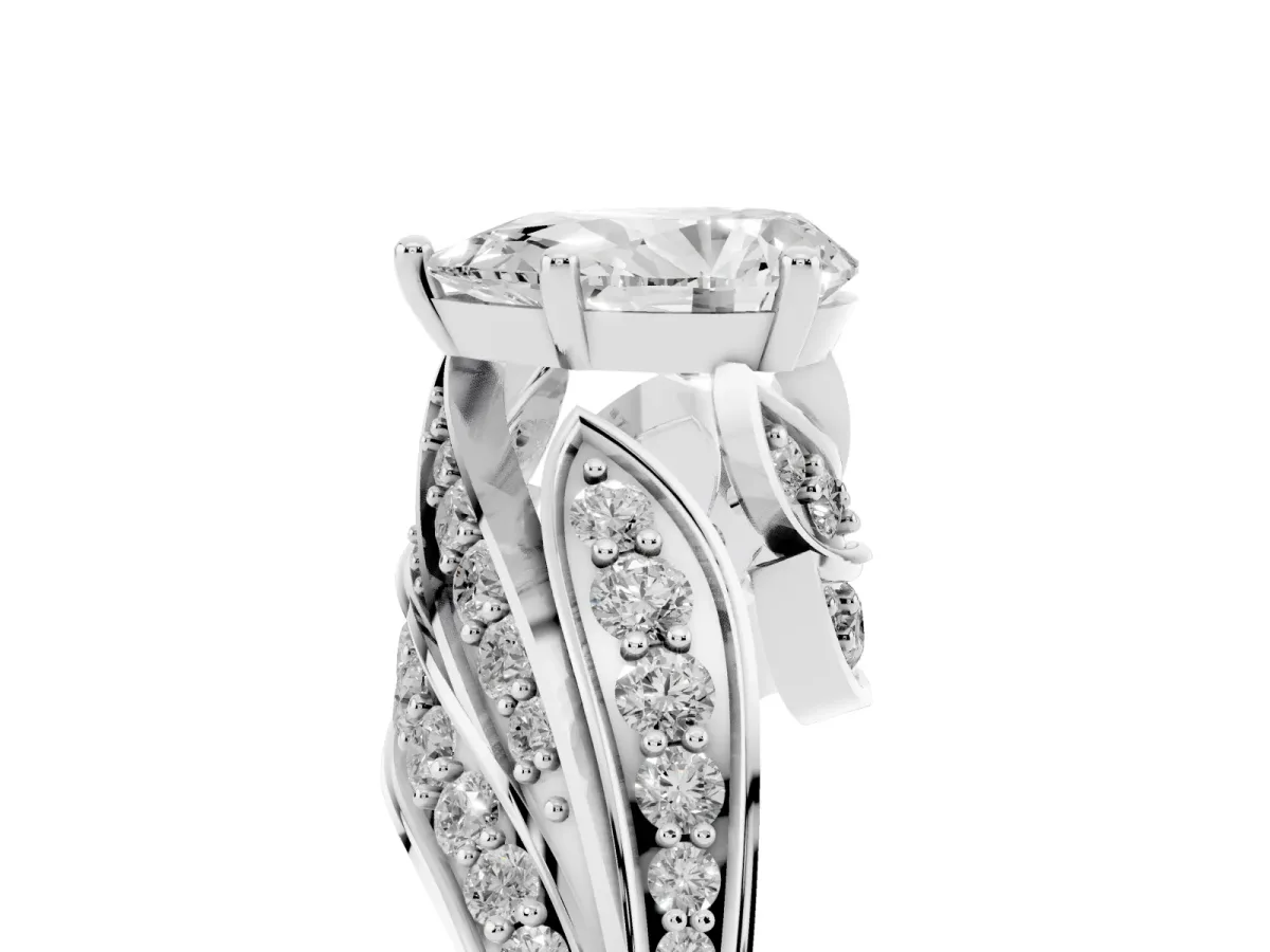 Pear Cut Diamond Solitaire Ring with Prong Setting and Twisted Pavé Band Silver