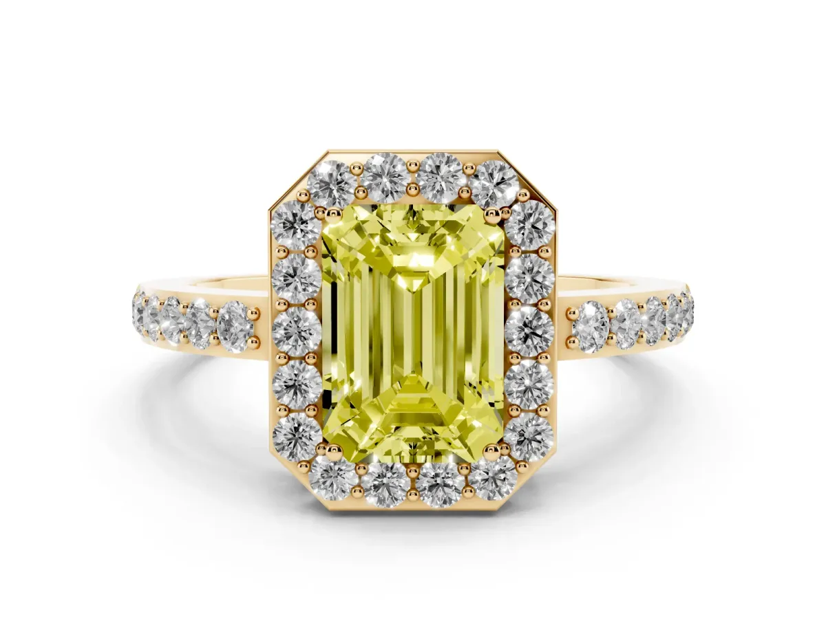 Fancy Yellow Emerald Cut Halo Diamond Pavé Band Ring with Prong Setting Yellow gold