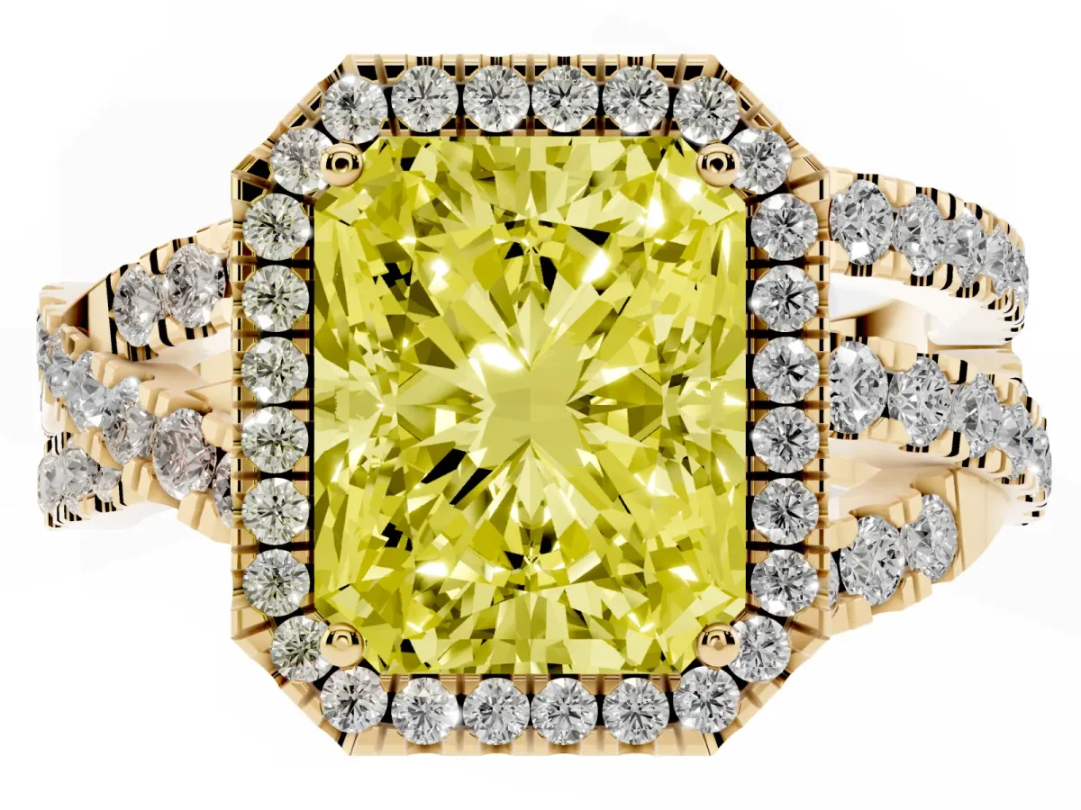 Fancy Yellow Radiant Cut Diamond Halo Ring with Round Split Shank and Prong Setting Yellow gold
