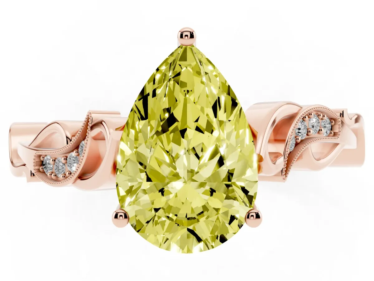 Fancy Yellow Pear Cut Solitaire Vine Band with Milgrain Prong Setting Rose gold