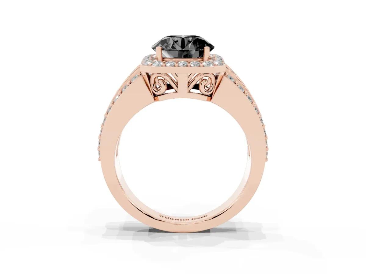 Fancy Black Round Cut Halo Diamond Ring with Round Split Shank and Prong Setting Rose gold