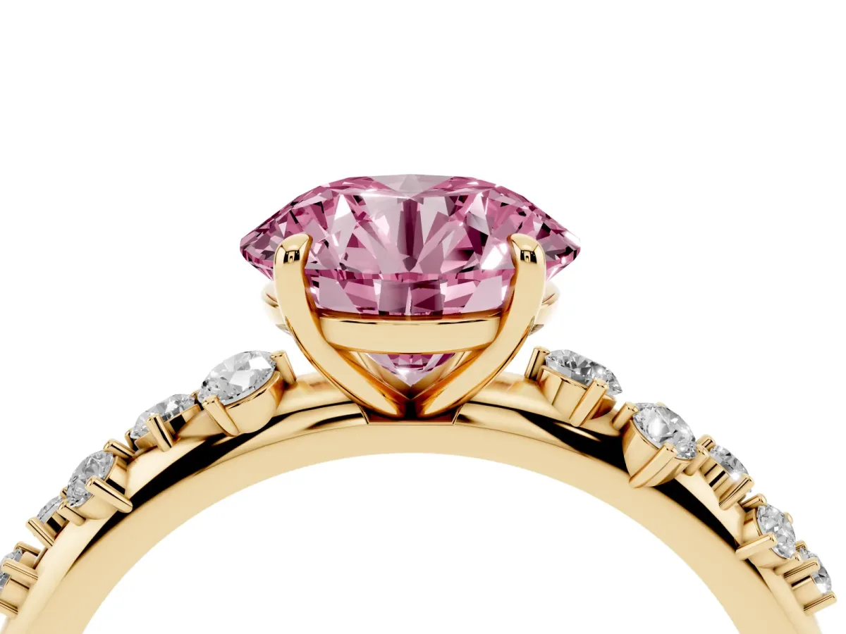 Fancy Pink Round Cut Diamond Cluster Prong-Set Solitaire Ring Yellow gold