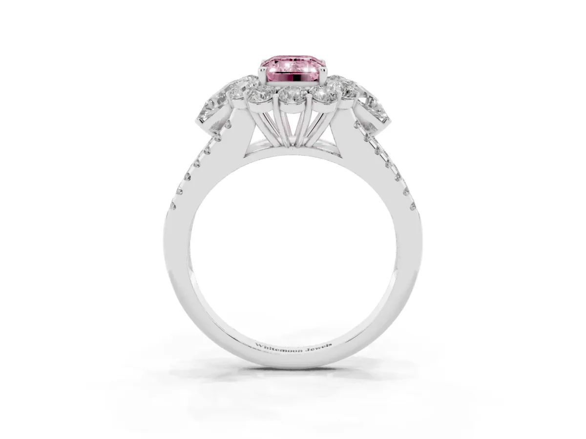 Fancy Pink Emerald Cut Halo Split Shank Diamond Engagement Ring with Prong Setting White gold