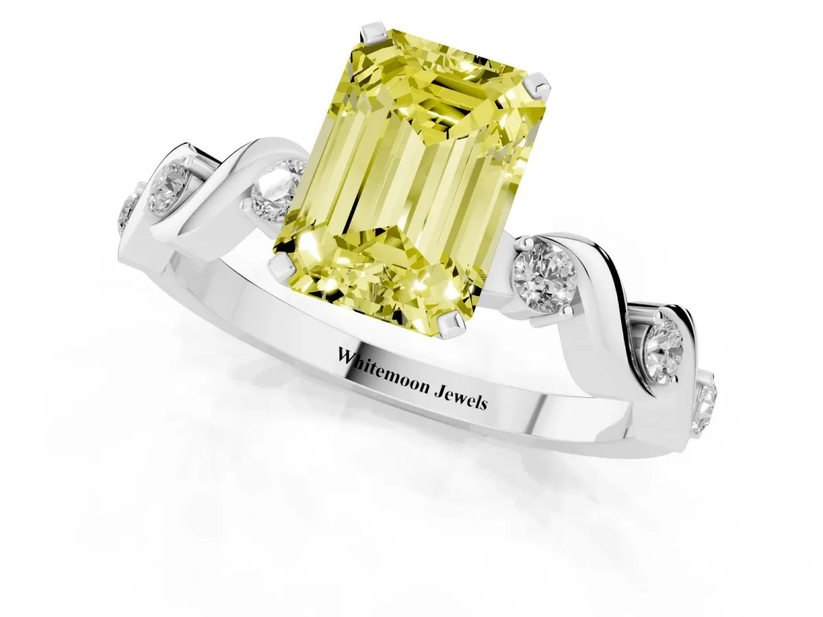 Fancy Yellow Emerald Cut Diamond Solitaire Twisted Band with Round Accents and Prong Setting Silver