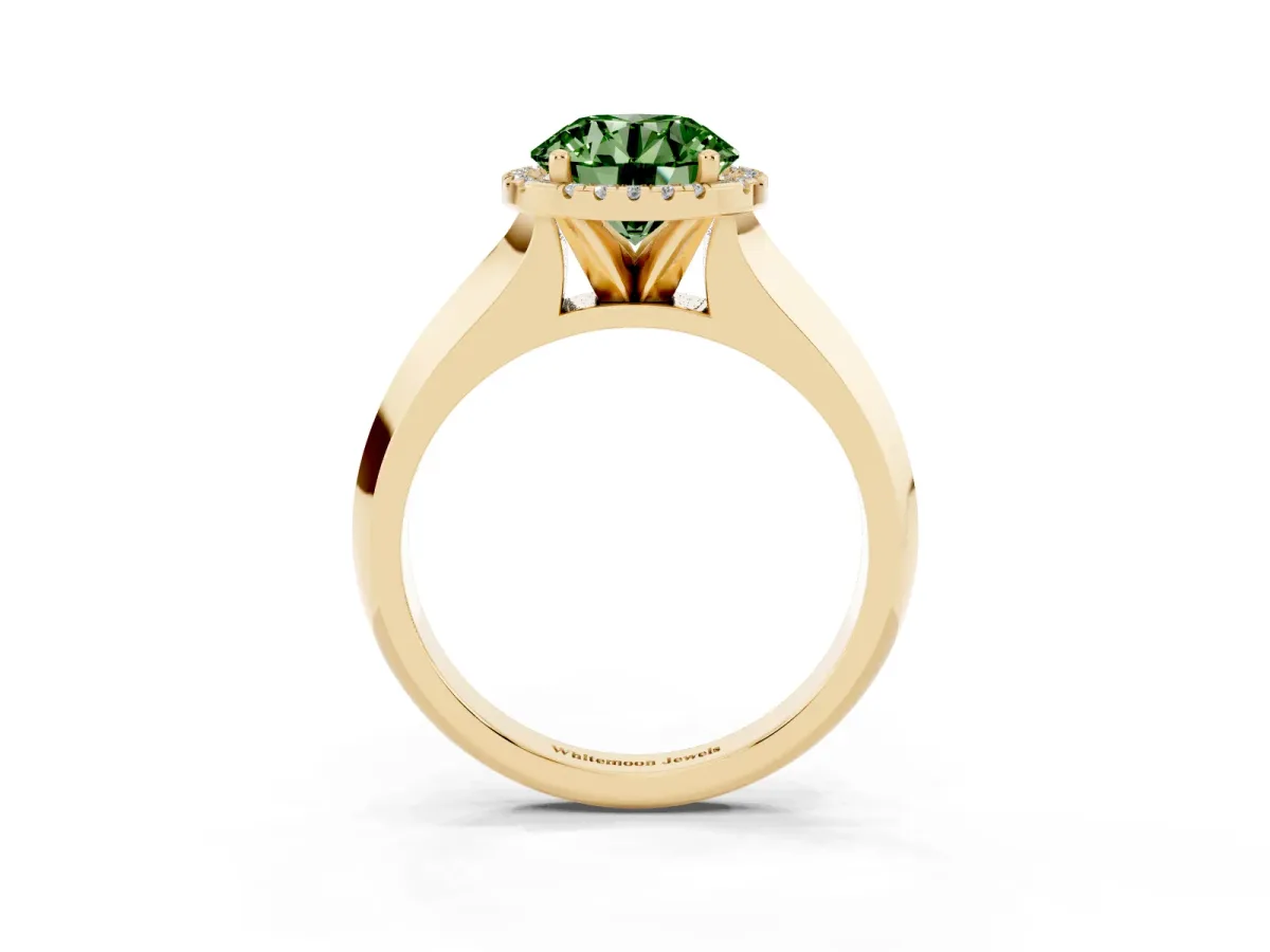 Fancy Green Round Cut Halo Diamond Ring with Cathedral Band and Four-Prong Setting Yellow gold