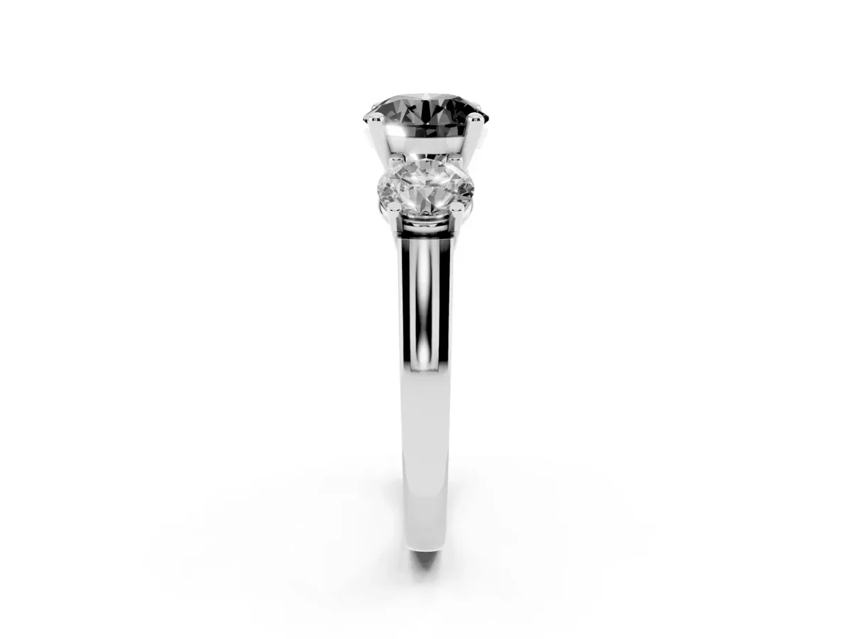 Fancy Black Three-Stone Round Cut Brilliant Diamond Trellis Ring with Comfort Fit Band Platinum