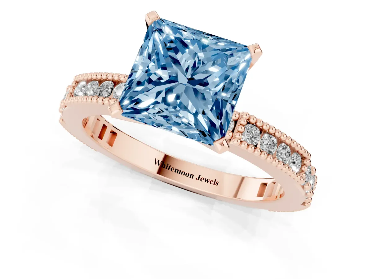 Fancy Blue Princess Cut Solitaire with Pavé Band and Four-Prong Setting Rose gold