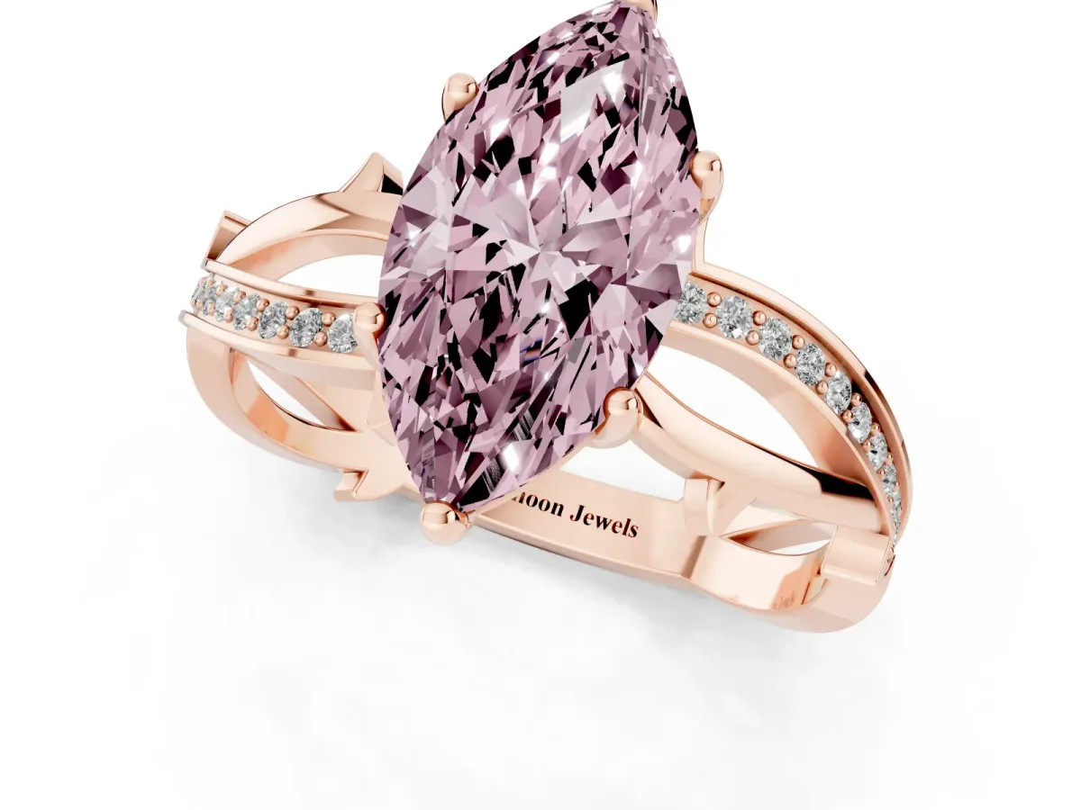 Fancy Pink Marquise Cut Solitaire Twist Band with Pavé Accents and Four-Prong Setting Rose gold