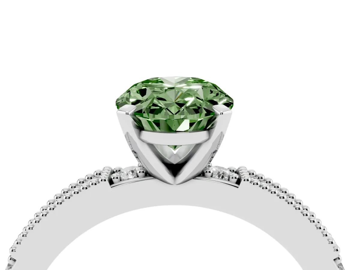 Fancy Green Oval Cut Solitaire with Pavé Band and Four-Prong Setting Silver