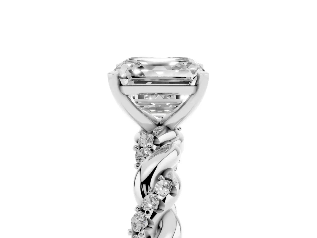 Asscher Cut Diamond Solitaire Ring with Twisted Band and Pavé Accents Silver