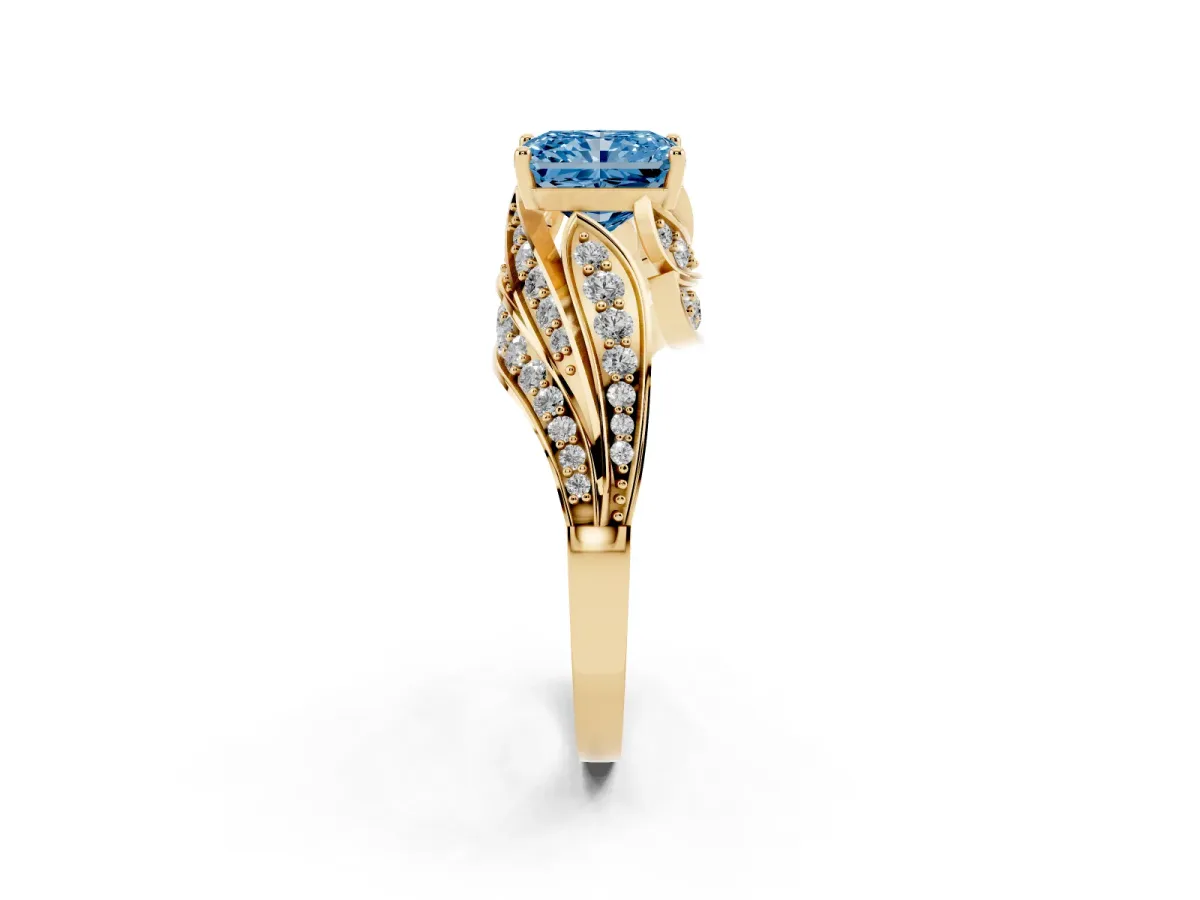 Fancy Blue Radiant Cut Diamond Solitaire Ring with Prong Setting and Twisted Pavé Band Yellow gold