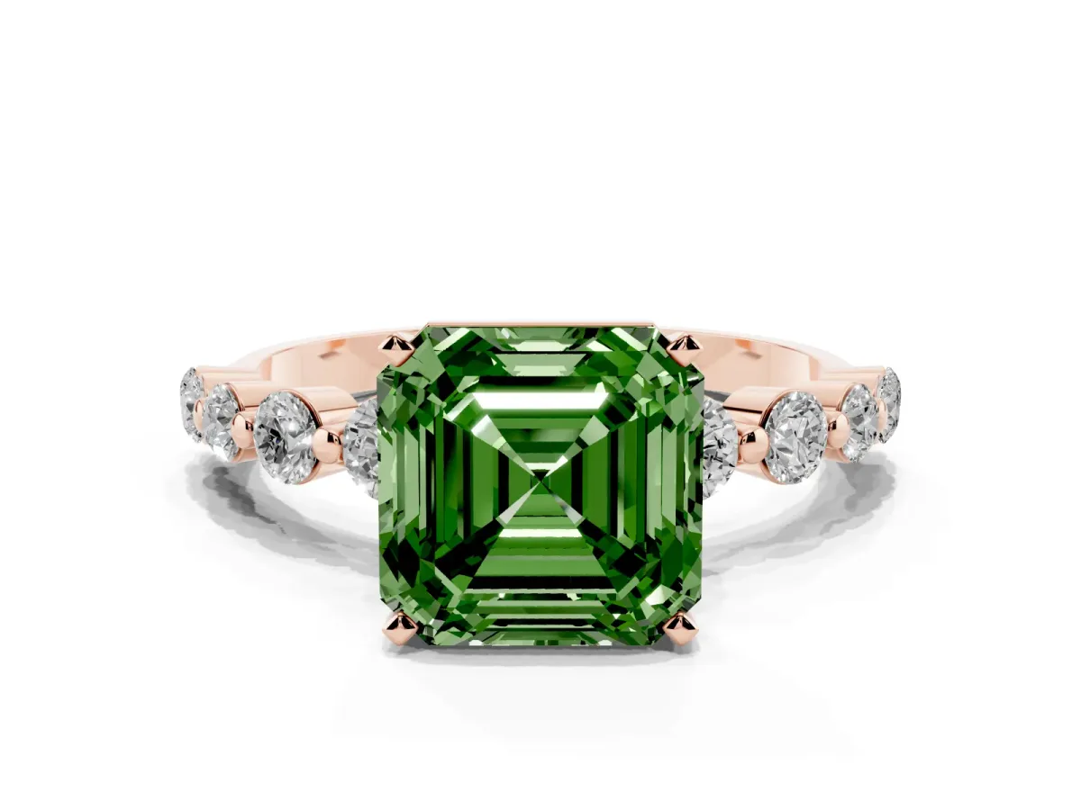 Fancy Green Asscher Cut Solitaire Diamond Ring with Pave Band and Four-Prong Setting Rose gold