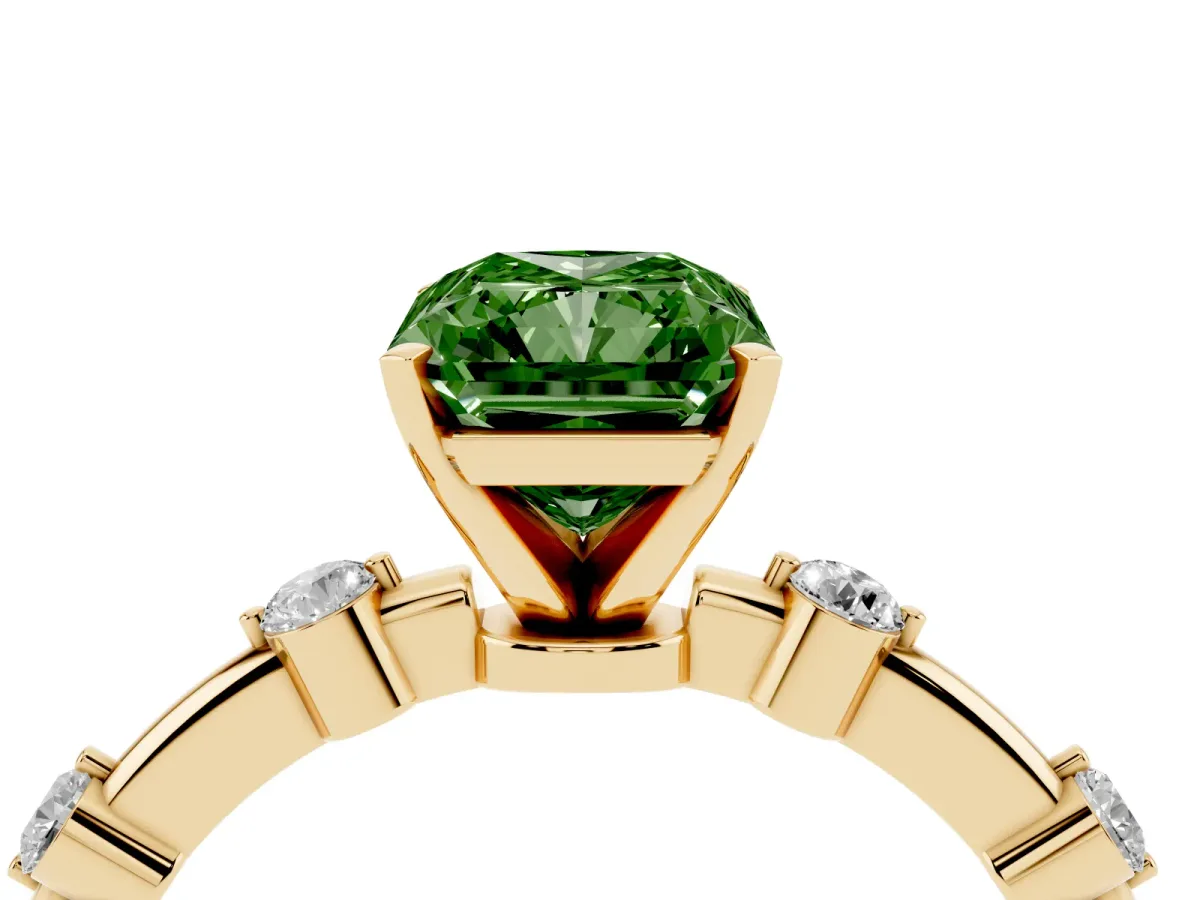 Fancy Green Radiant Cut Solitaire Diamond Ring with Bezel Set Side Stones and Prong Setting Yellow gold