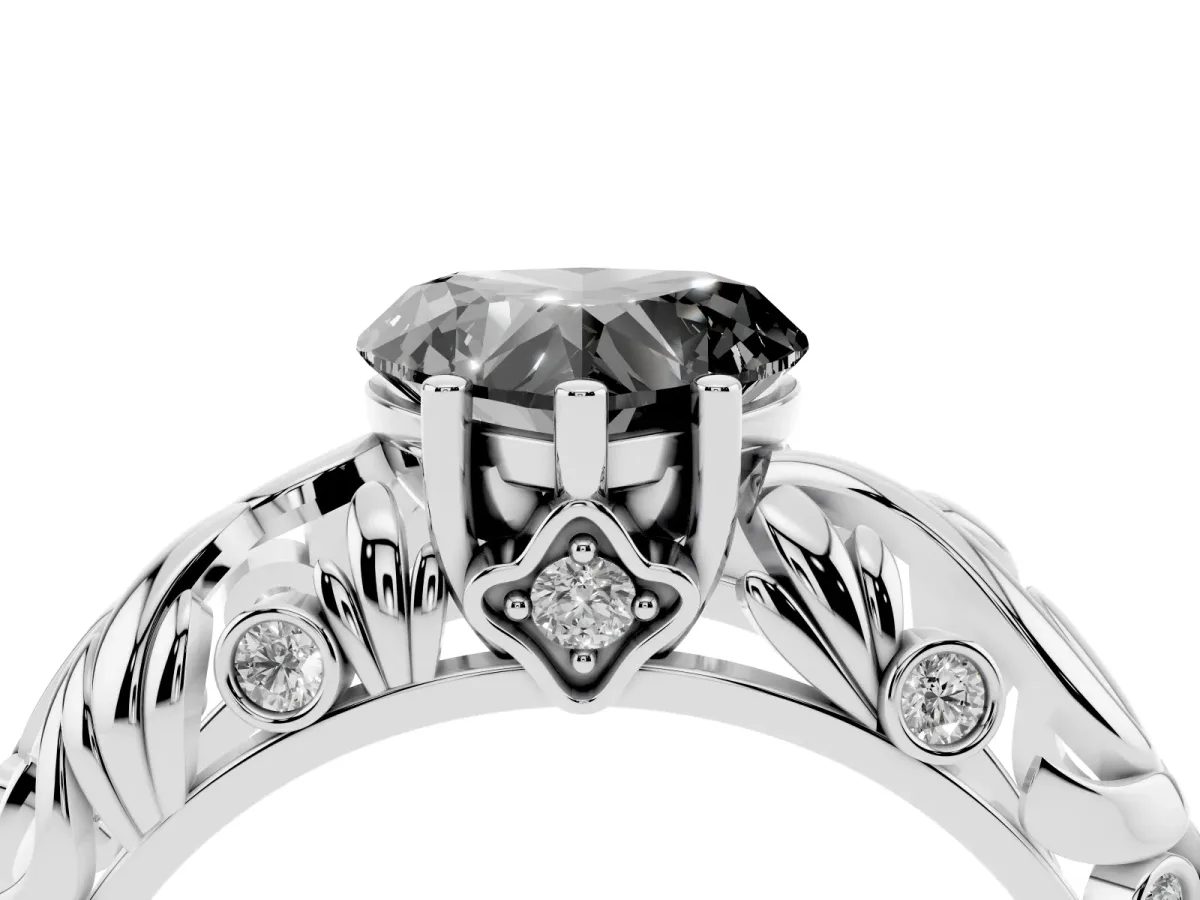Fancy Black Heart Cut Solitaire Diamond Leaf-Inspired Vine Band Ring with Prong Setting Silver