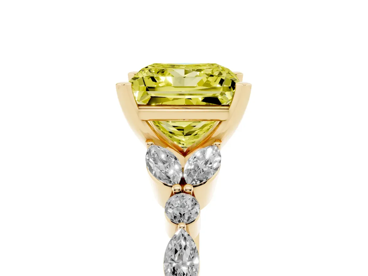 Fancy Yellow Princess Cut Diamond Solitaire Ring with Side Stones and Four-Prong Setting Yellow gold