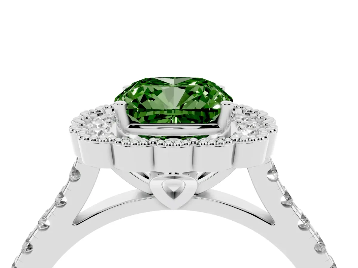 Fancy Green Cushion Cut Cut Diamond Milgrain Floral Halo Engagement Ring with Pavé Band Silver