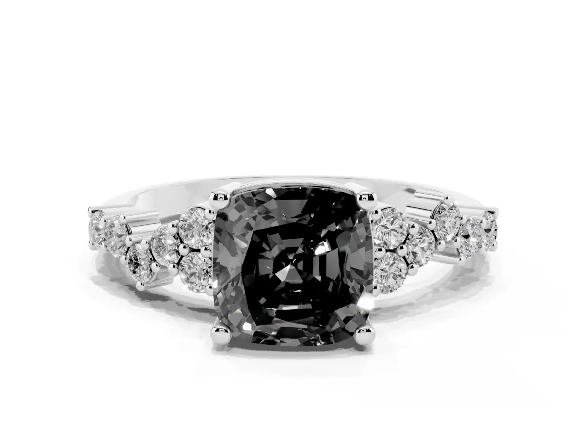 Fancy Black Cushion Cut Diamond Scattered Round Accent Ring with Prong Setting White gold