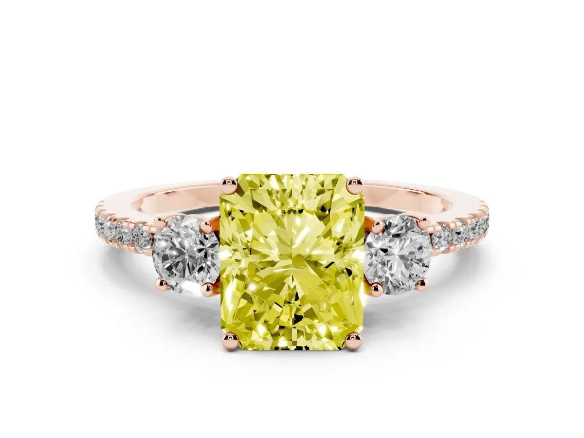 Fancy Yellow Three-Stone Radiant Cut Cut Diamond Pavé Band with Prong Setting Rose gold