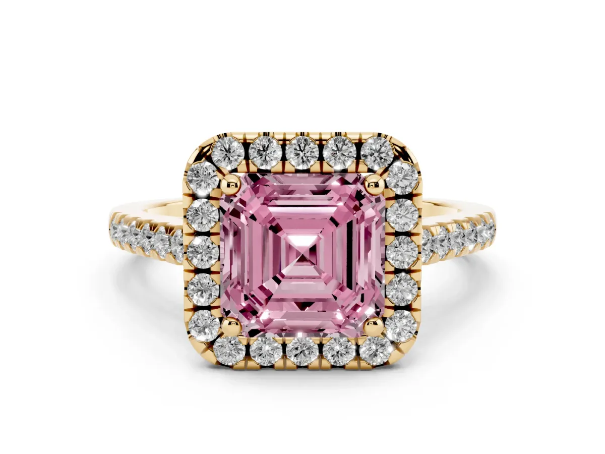 Fancy Pink Asscher Cut Halo Pavé Diamond Engagement Ring with Four-Prong Setting Yellow gold